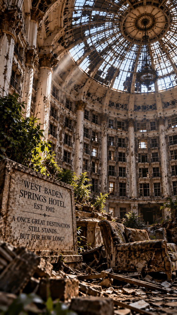 Artistic recreation of the deteriorating interior of West Baden Springs Hotel, showing the massive domed atrium, damaged surfaces, debris and vegetation during the building's years of decline.