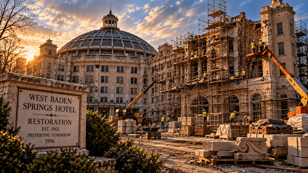 Artistic recreation of West Baden Springs Hotel undergoing major restoration, with scaffolding, construction crews and masonry work surrounding the historic domed building.