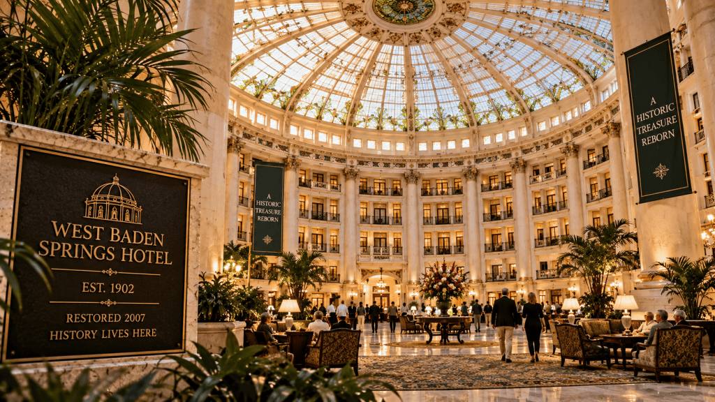 Artistic representation of the restored grand atrium inside West Baden Springs Hotel, filled with guests beneath the enormous historic dome.