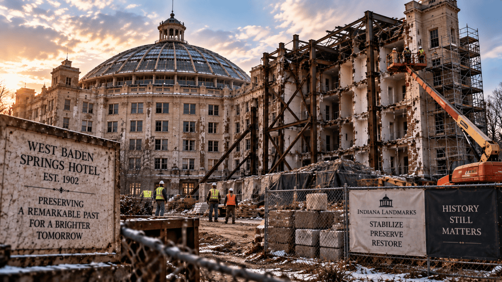 Artistic recreation of preservation crews stabilizing the damaged West Baden Springs Hotel with structural supports and scaffolding after years of deterioration.